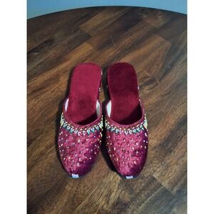 Vintage Burgundy Velvet Beaded Mule Slippers Womens Size 7 Boho House Shoes Wine